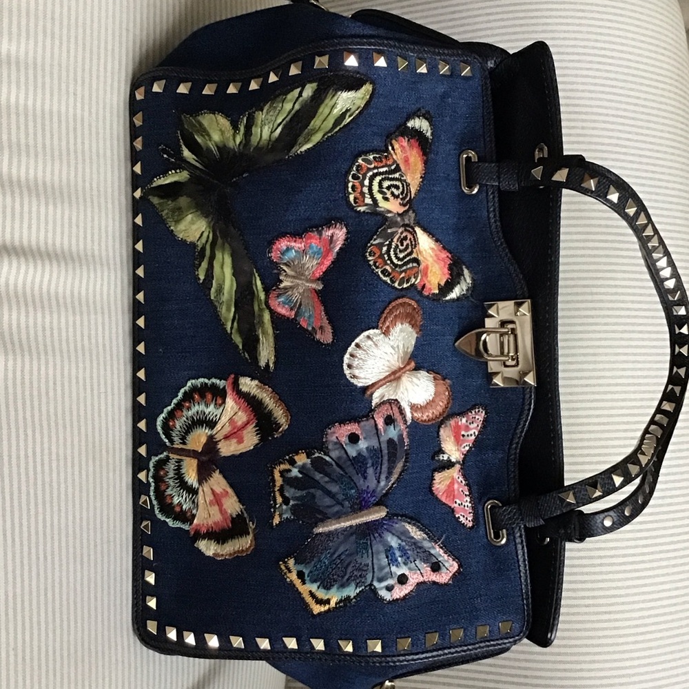 Valentino Garavani Blue Denim Satchel with Butterfly Embroidery